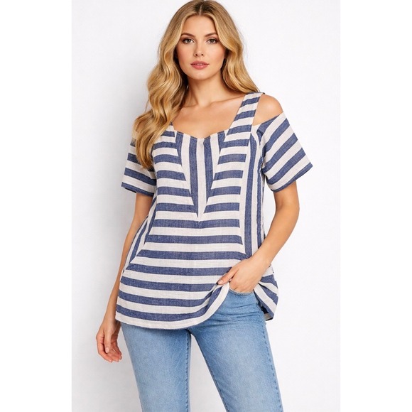 Joy Cynthia Tops - Summer classic Blue White Striped Linen Cotton Cold Shoulder Pocket Top Womens L
